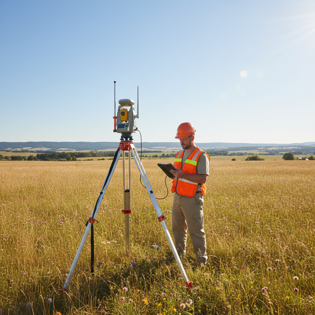 Licensed professional surveyor using GPS RTK equipment in the field
