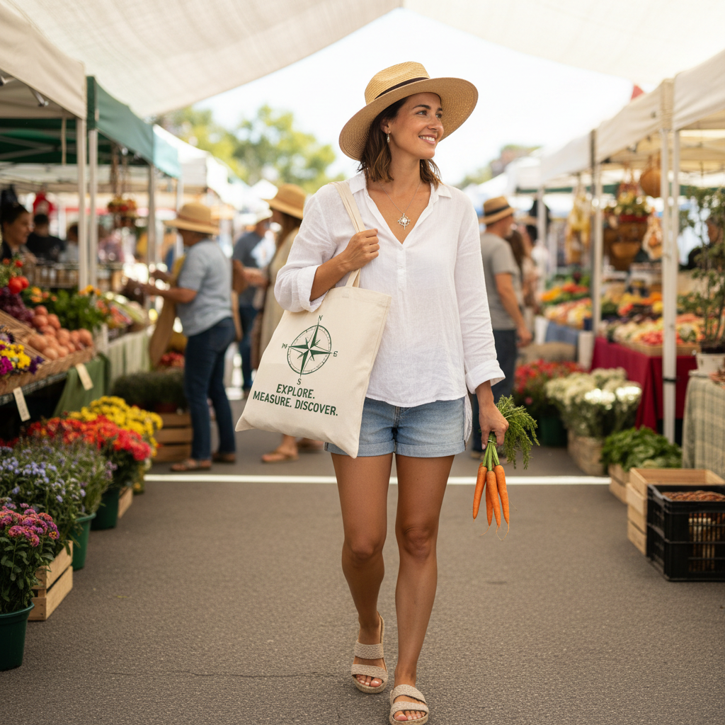 Woman carrying canvas surveying tote bag over shoulder at outdoor farmers market