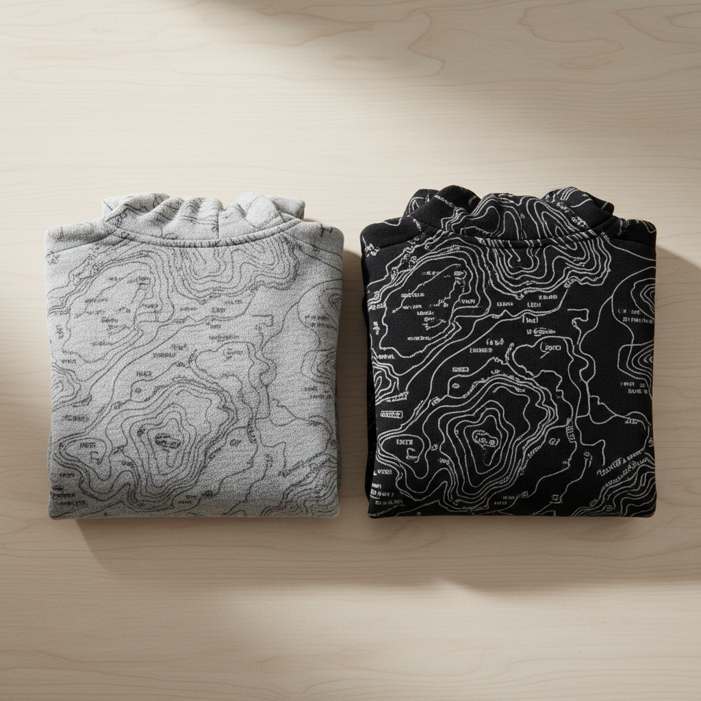 Both heather grey and black surveyor fleece hoodie colorways folded flat lay