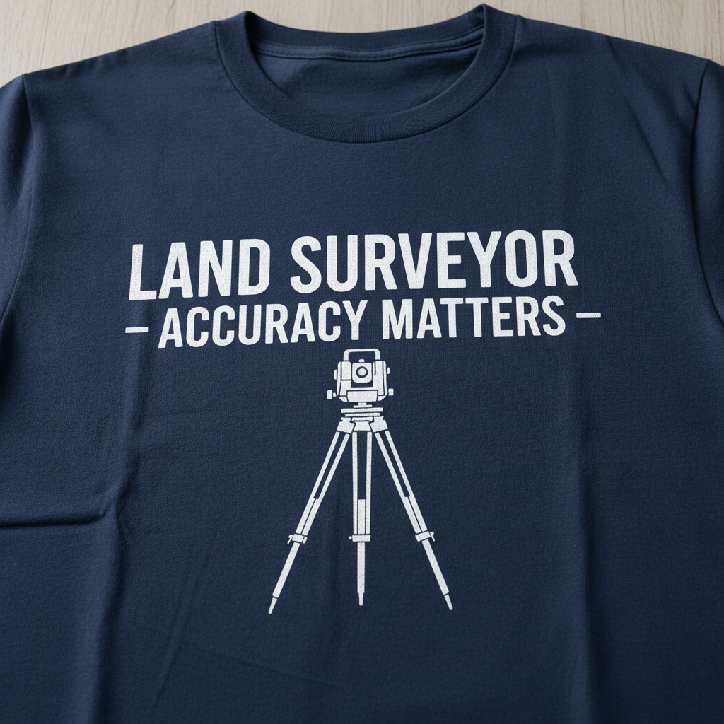 Close-up of Land Surveyor Accuracy Matters screen print on navy cotton t-shirt