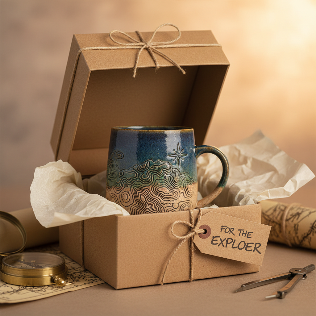 Topographic ceramic mug as gift in kraft paper box with tissue paper