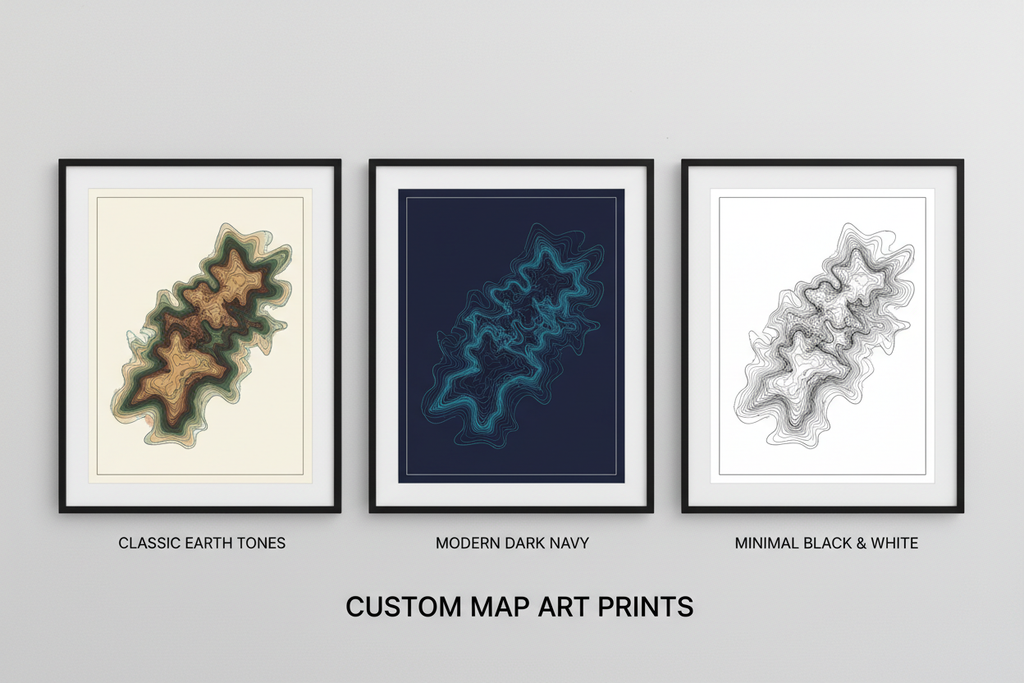 Three topographic poster style variations - earth tones, navy, and black and white