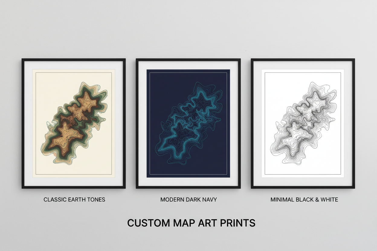 Three topographic poster style variations - earth tones, navy, and black and white