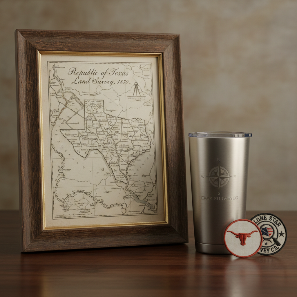 Vintage Texas map print beside engraved tumbler and embroidered patches