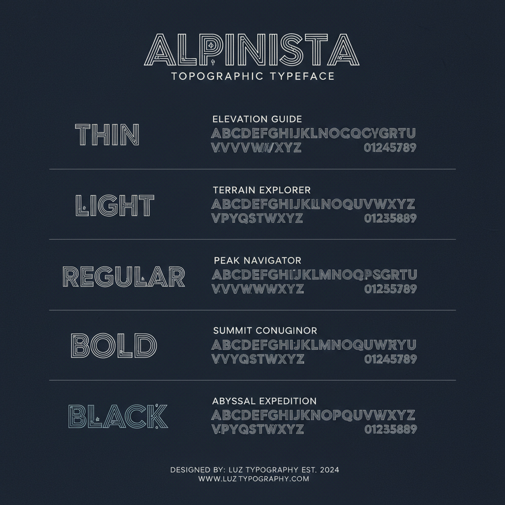 Topographic font family all 5 weights showcase on dark navy background