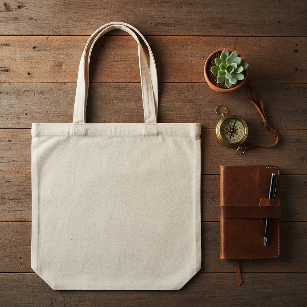 Canvas tote bag flat lay with compass, field notebook and plant on wooden surface