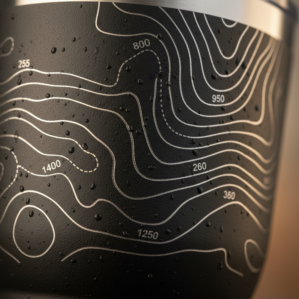 Close-up macro of laser-engraved topographic contour lines on powder-coated tumbler surface