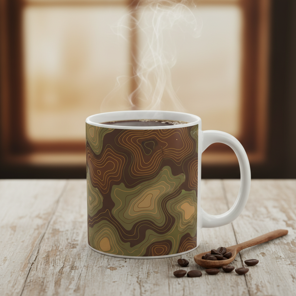 11oz ceramic mug with topographic contour map design on wooden surface with coffee steam