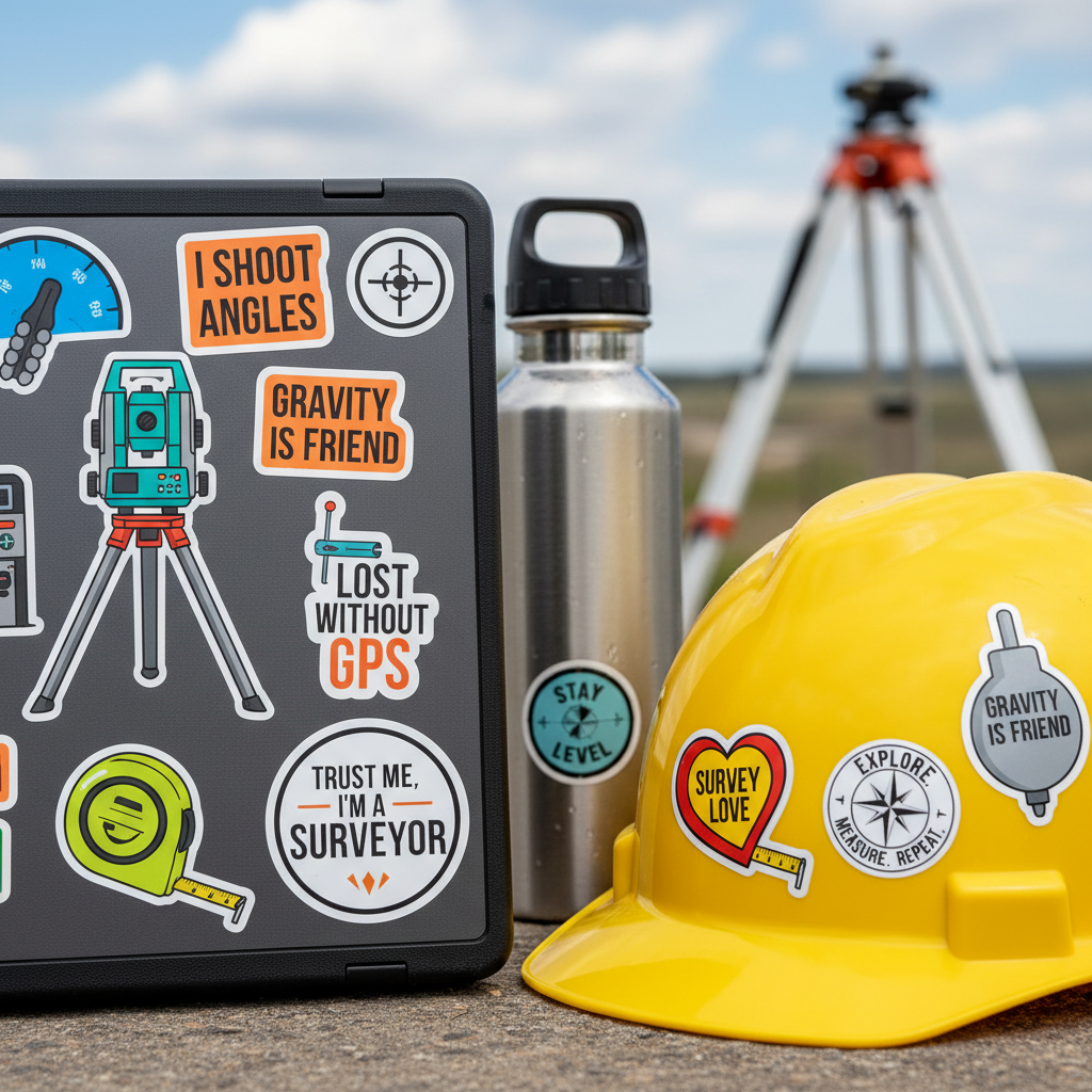 Surveyor vinyl stickers applied to laptop lid, hard hat, and water bottle