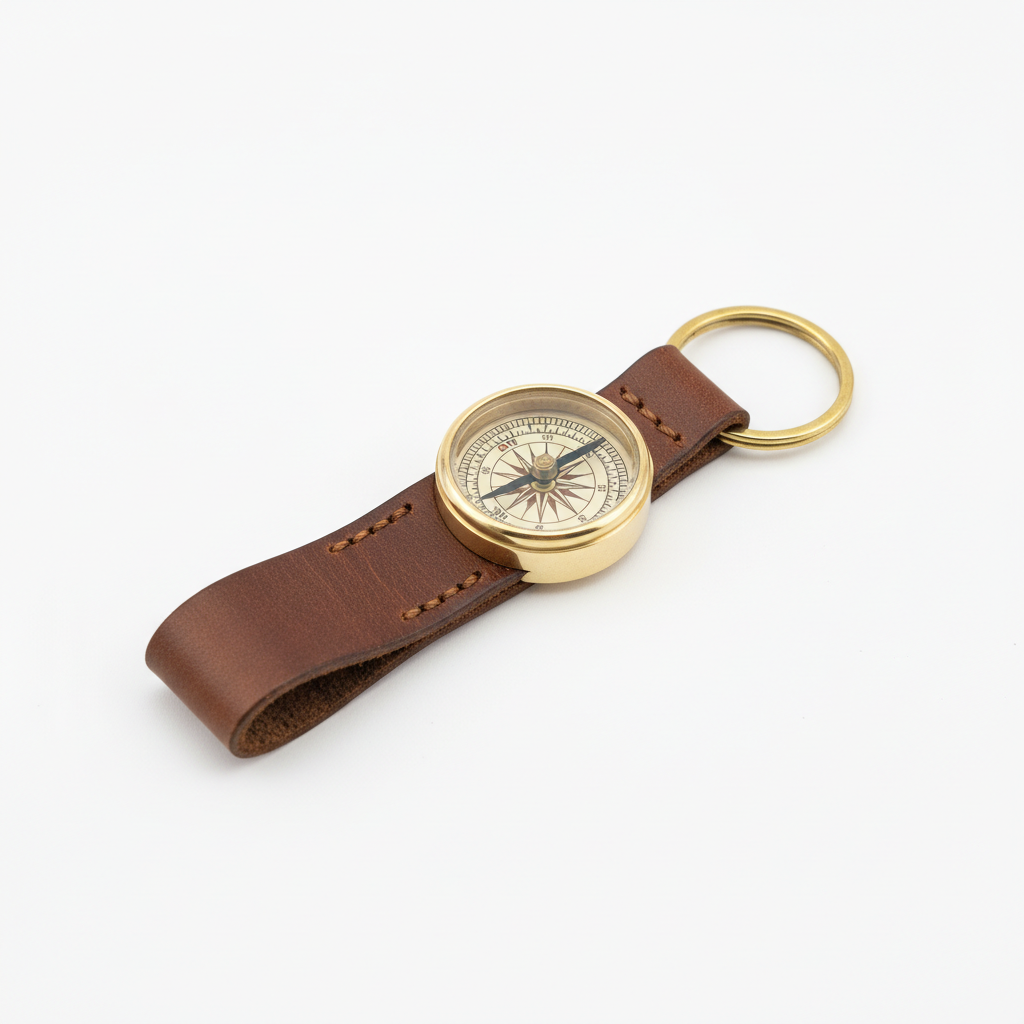 Mini Brass Compass Keychain – Genuine Leather Strap – Burns Surveying
