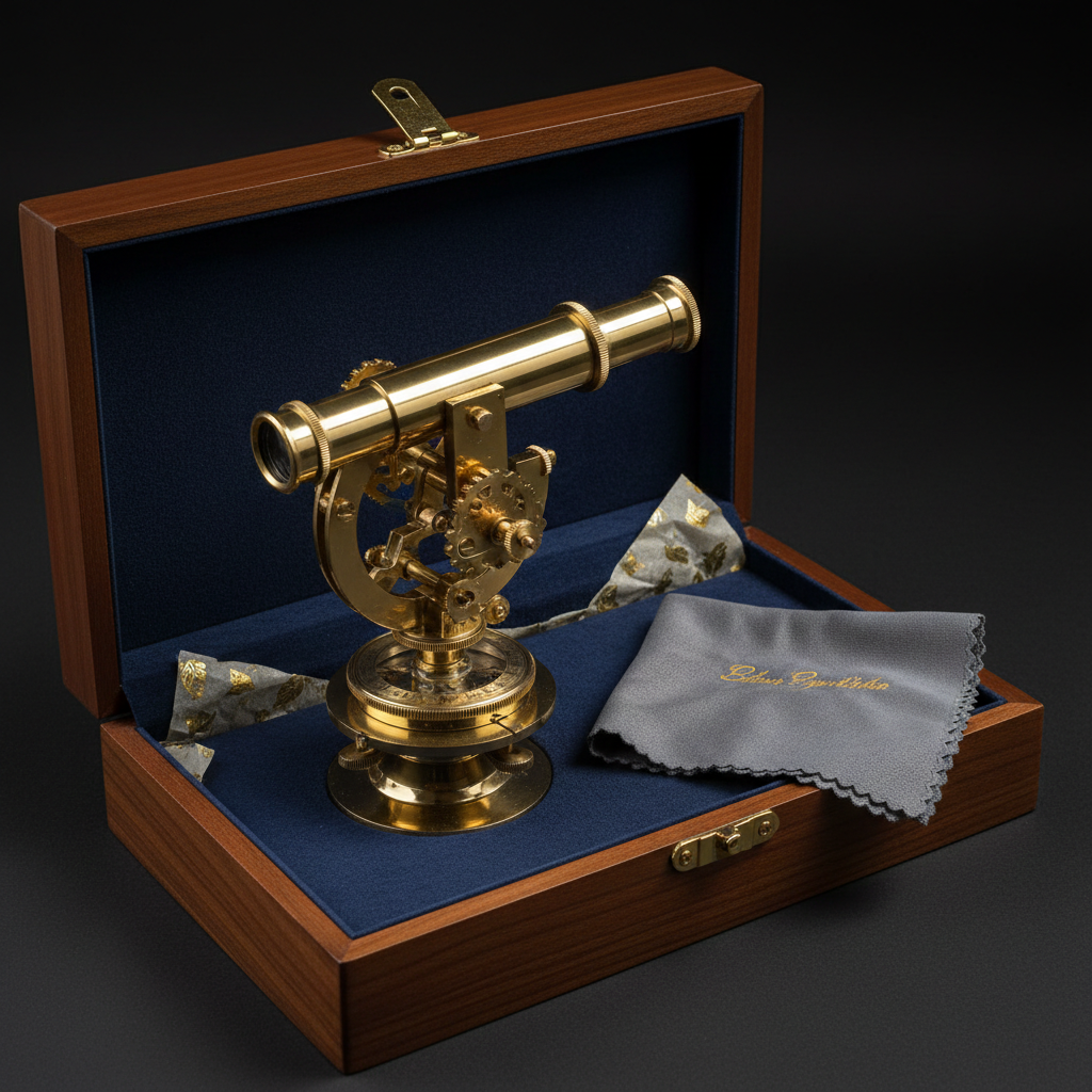 Solid brass theodolite replica in open gift box with microfiber cleaning cloth