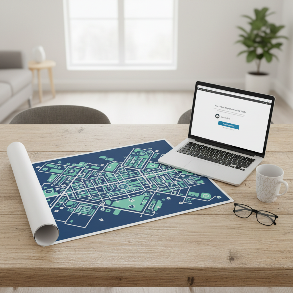 City vector map printed large format beside laptop showing digital download email