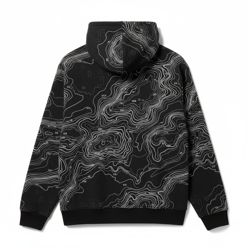 Back view of black fleece hoodie showing large topographic map print