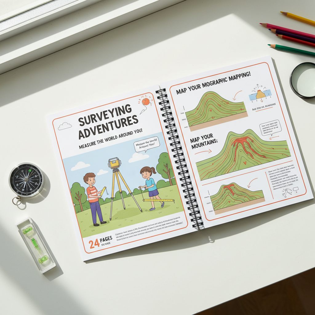 STEM activity book open with compass and spirit level on clean surface