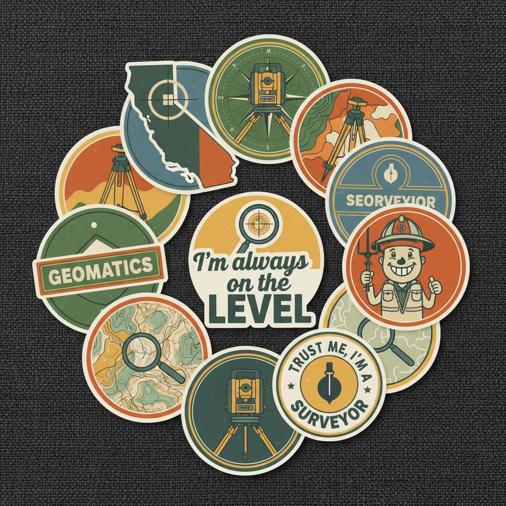 Flat lay of 12 individual retro surveyor sticker designs on dark background