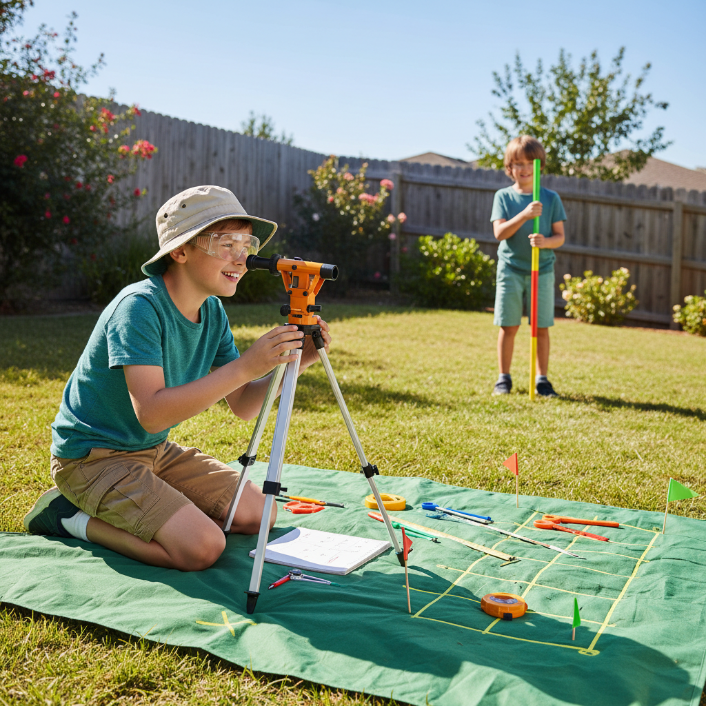 Child using model theodolite kit outdoors for STEM surveying activity