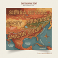 Topographic font used in a cartographic map design with mountain and river labels