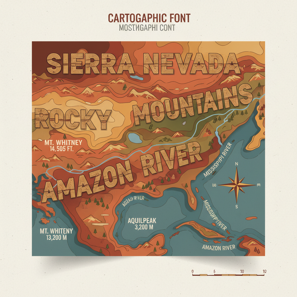 Topographic font used in a cartographic map design with mountain and river labels