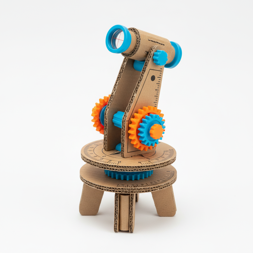 Close-up of assembled model theodolite from STEM kids surveying kit