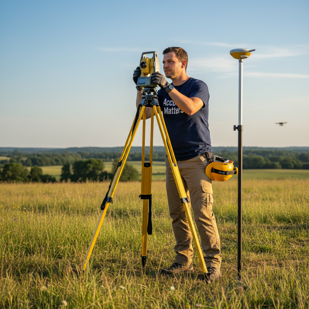 Land surveyor wearing navy Accuracy Matters t-shirt in the field with survey equipment