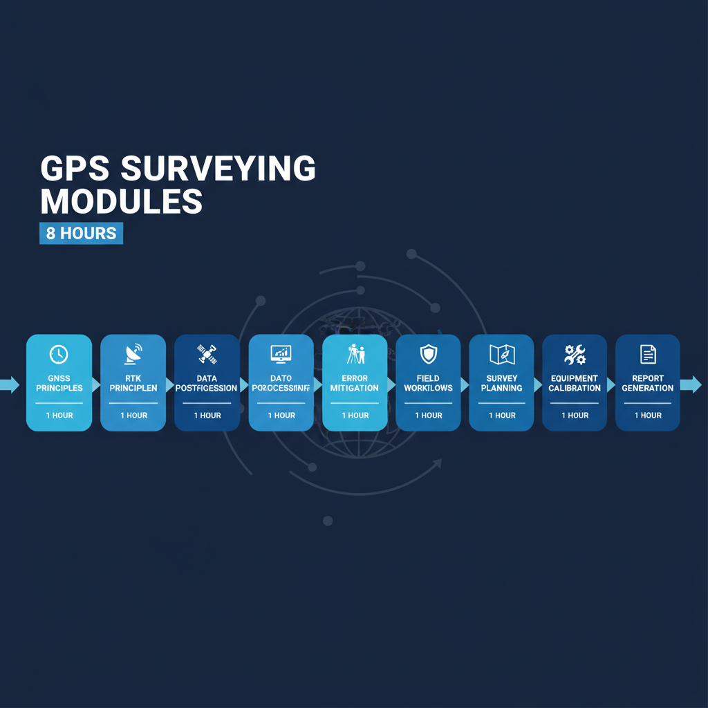 GPS surveying masterclass 8-module course curriculum overview infographic