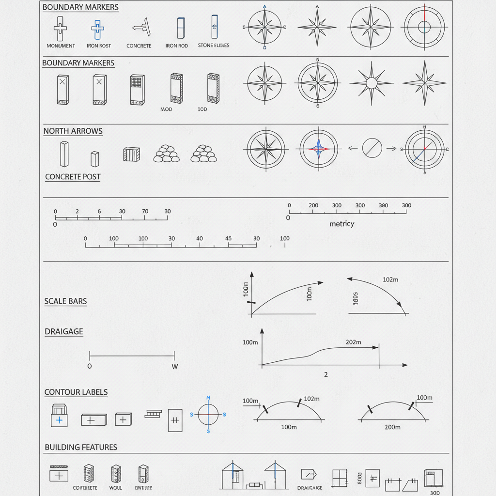 Printed CAD surveyor symbols sheet with boundary markers, north arrows and contour labels