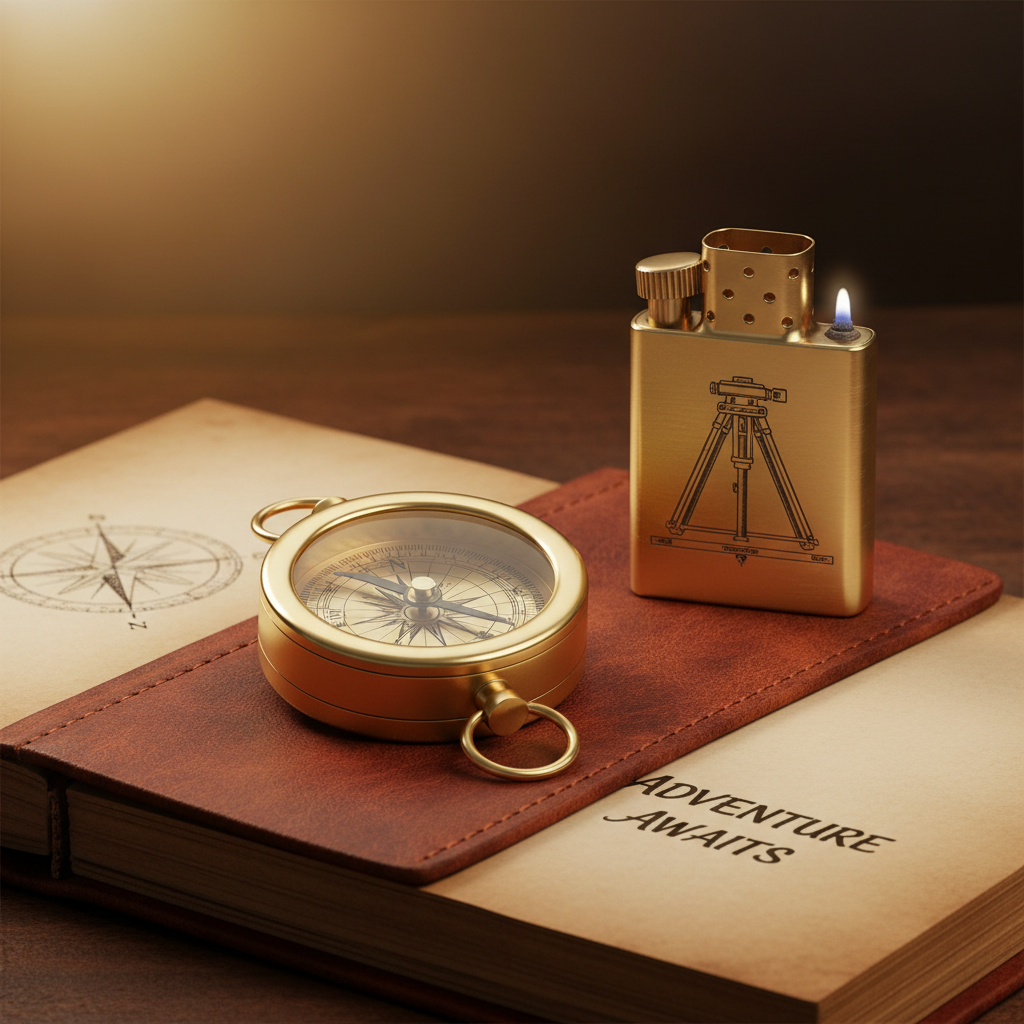 Brass compass and engraved lighter resting on leather-bound journal
