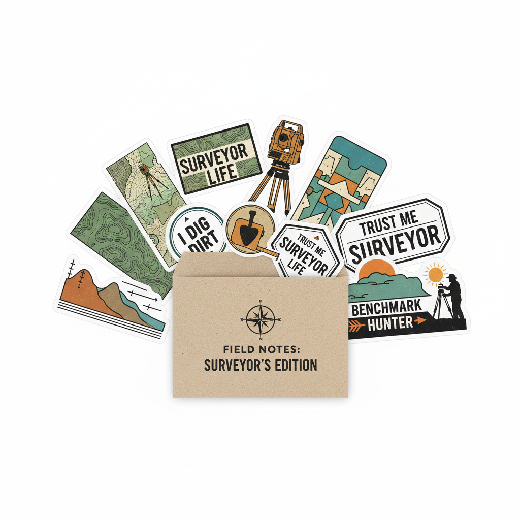 Surveyor sticker pack in branded envelope with 10 vinyl decals fanned out