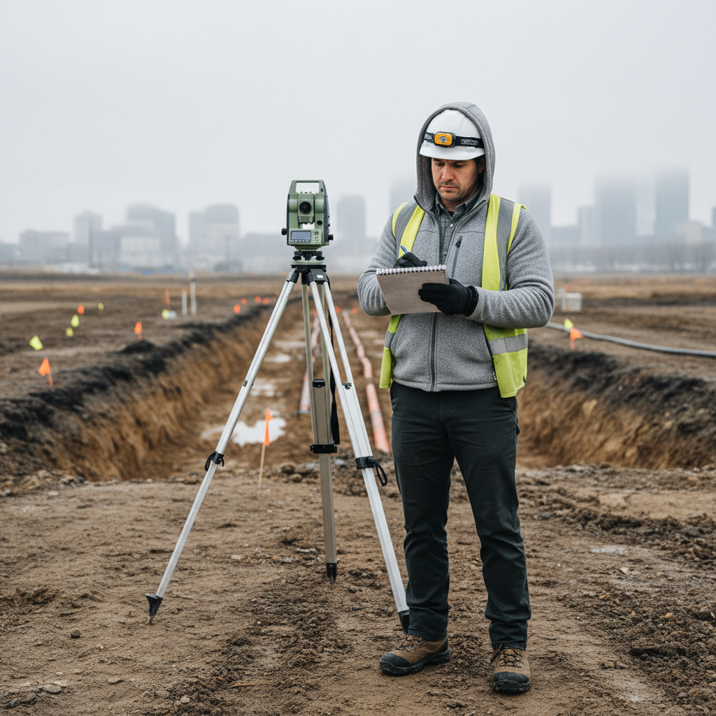 Land surveyor wearing heather grey fleece hoodie at outdoor job site with field notebook