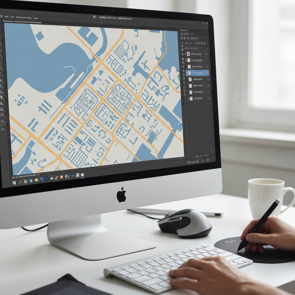 Vector city map file open in Adobe Illustrator showing scalable street and parcel layers