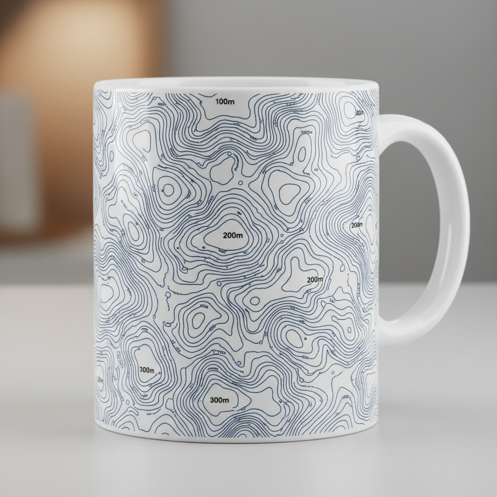 Close-up of topographic contour lines and elevation markings on white ceramic mug
