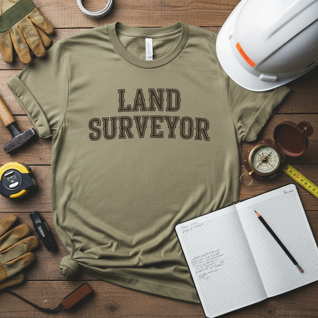 Khaki Land Surveyor t-shirt flat lay with compass, field notebook and hard hat