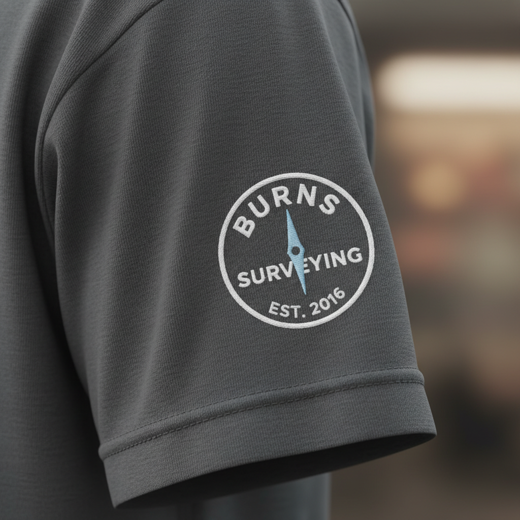 Burns Surveying Est 2016 sleeve logo detail on charcoal cotton t-shirt