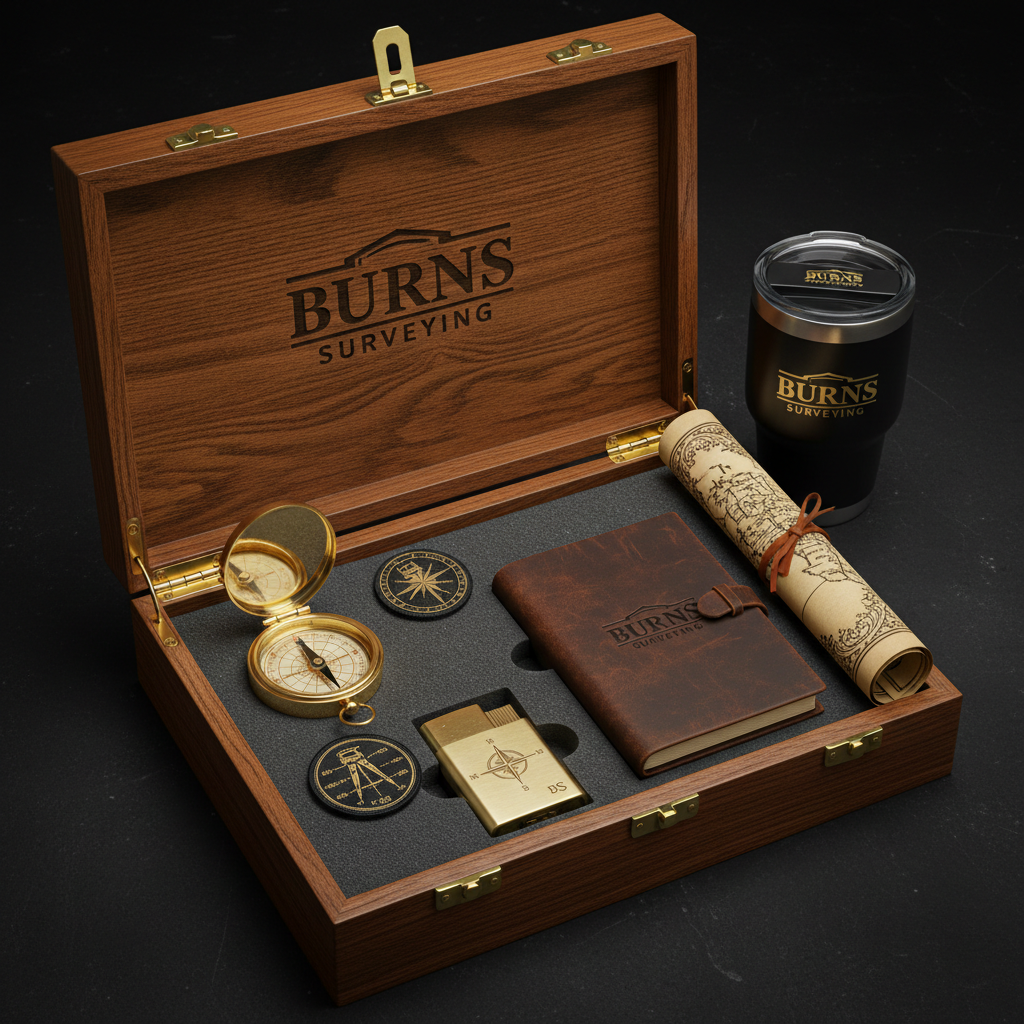 Deluxe surveyor gift box open showing all items in wooden hinged case