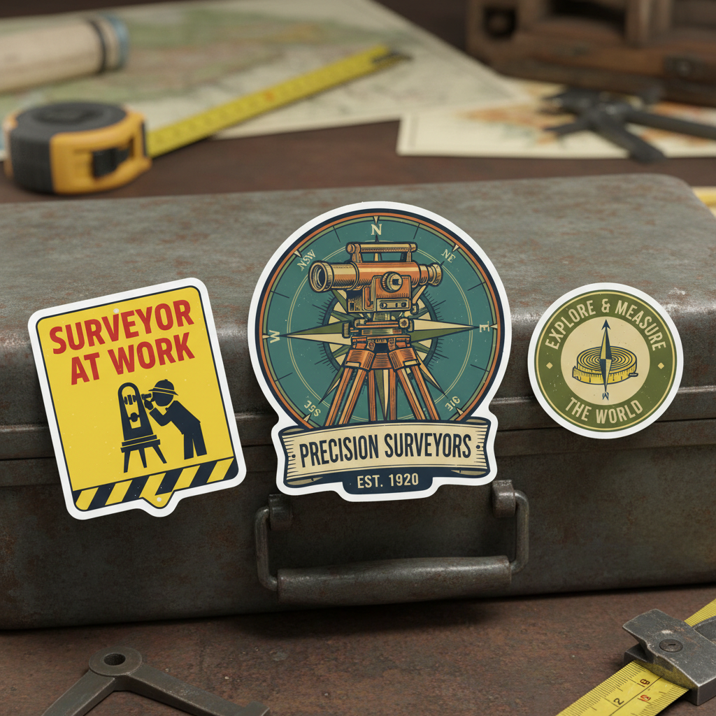 Close-up of retro surveyor sticker designs including theodolite, compass rose and warning sign