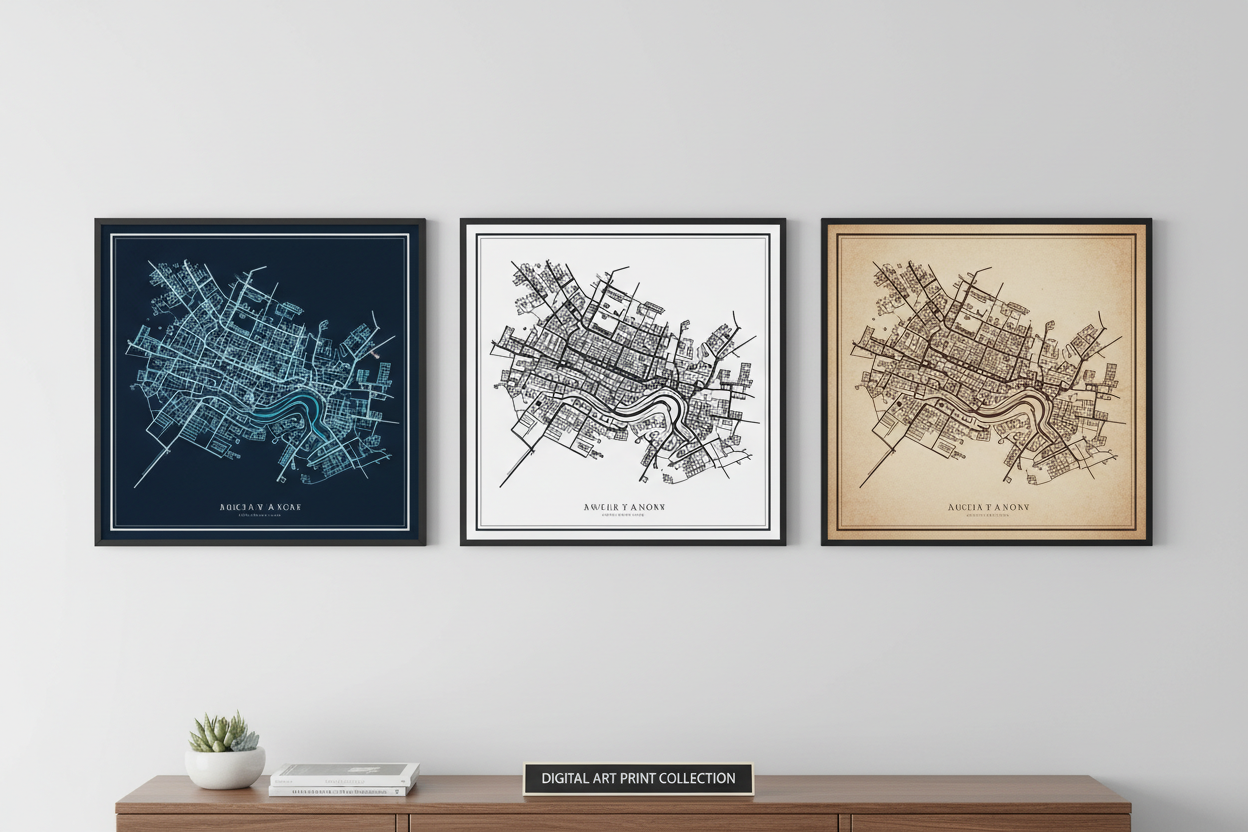 Three city vector map color style variations - navy, black and white, and sepia