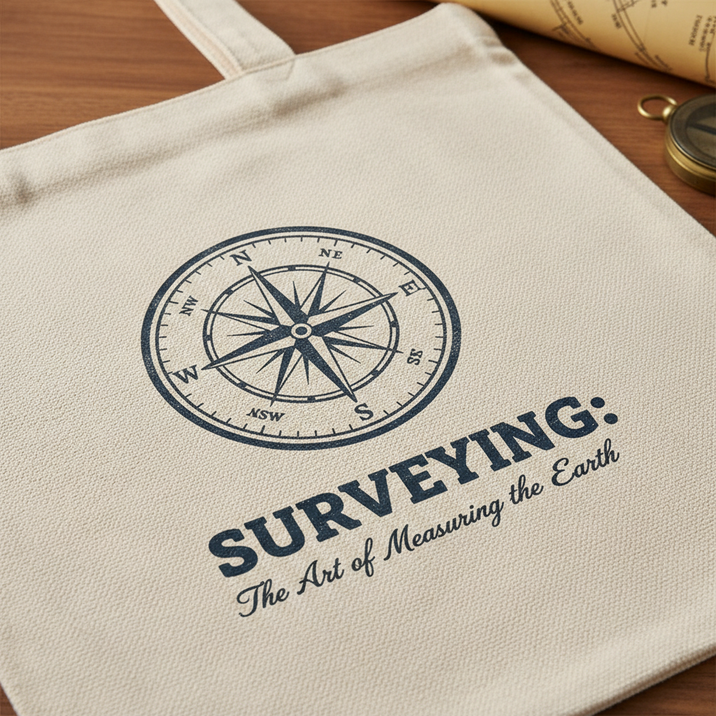 Close-up of compass graphic and Surveying slogan screen-printed on natural canvas tote