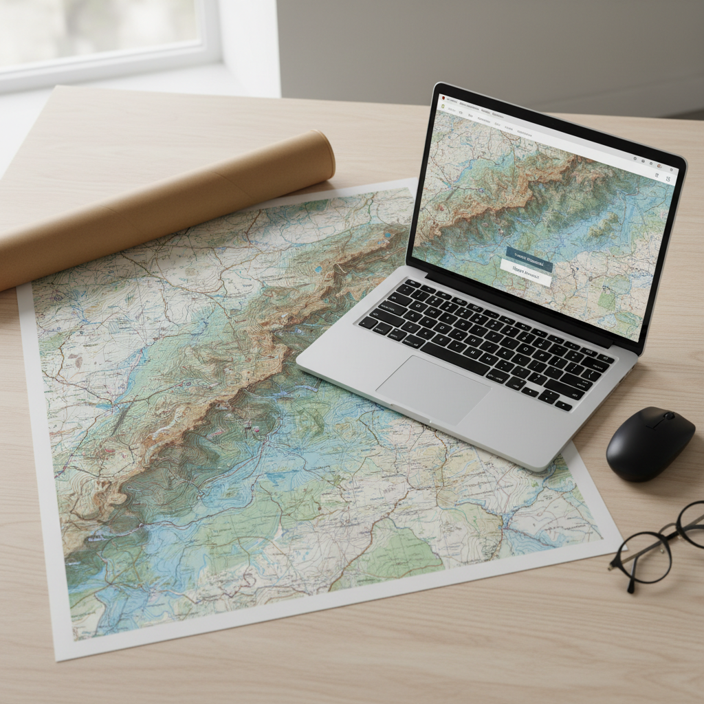 Topographic map print rolled out beside laptop showing digital PDF download