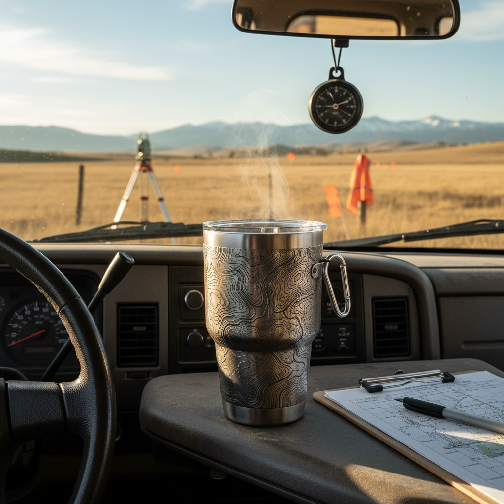 Engraved topo map tumbler on truck dashboard in land surveyor field setting
