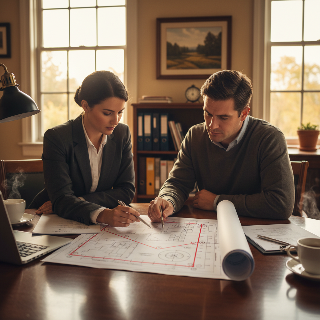 Real estate agent and homeowner reviewing property survey plat together at table