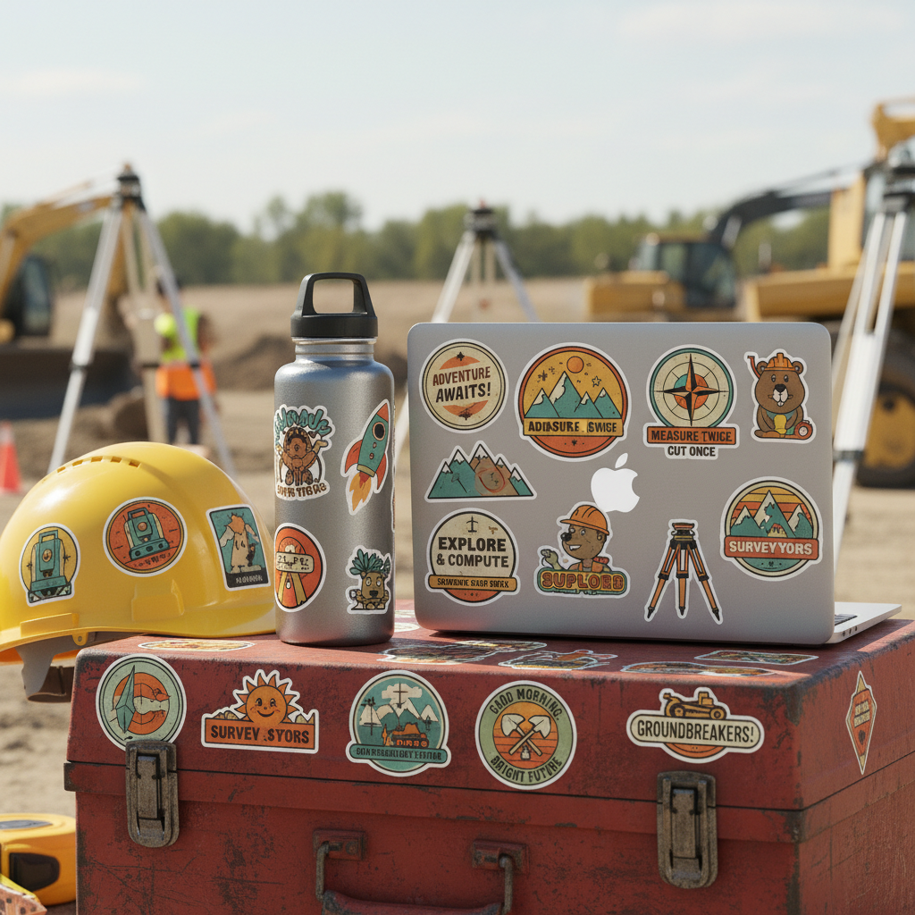 Retro surveyor stickers applied to hard hat, water bottle, laptop and toolbox