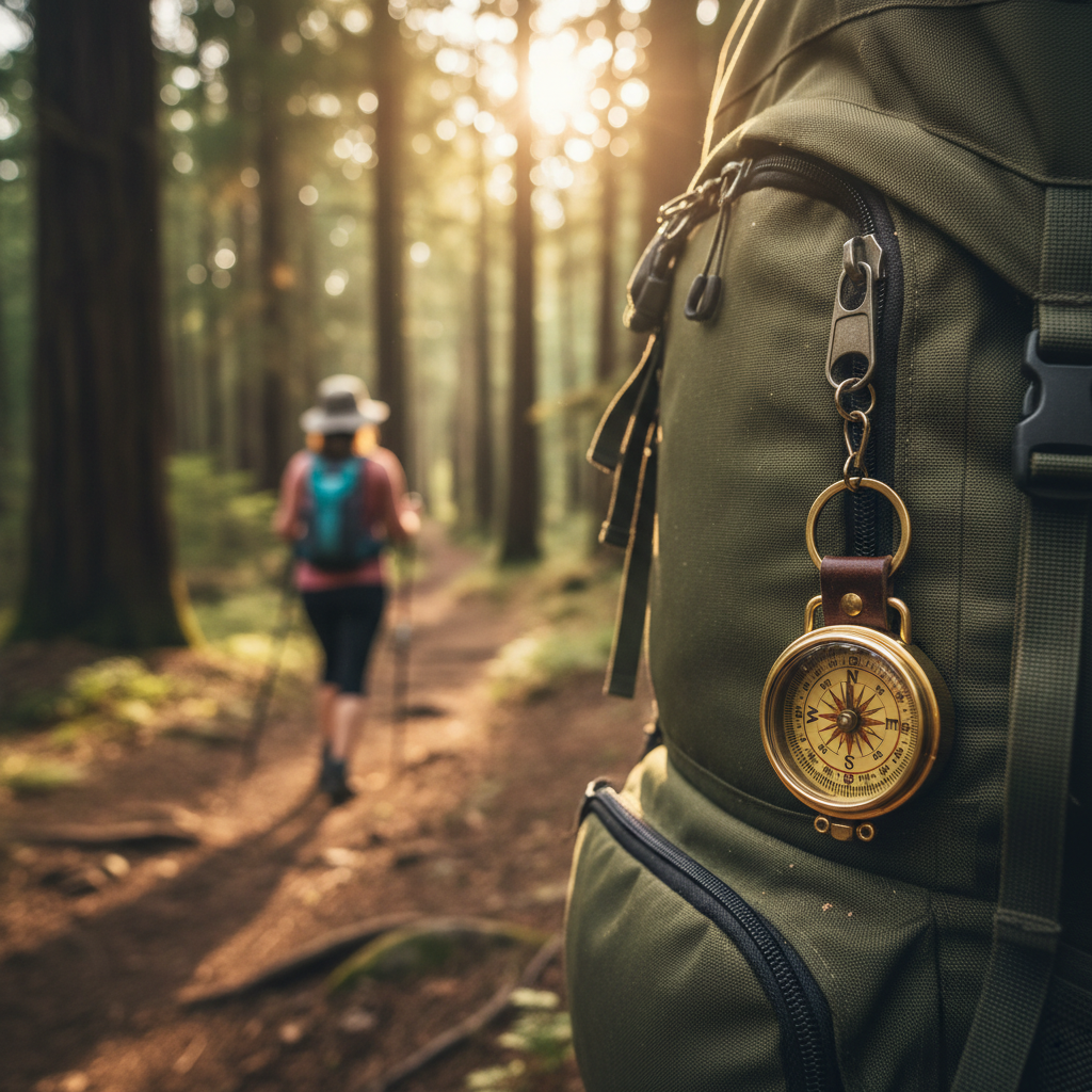 Mini brass compass keychain attached to hiking backpack zipper outdoors on trail