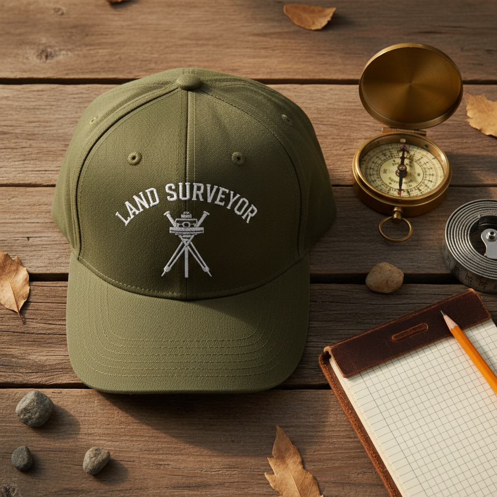 Olive surveyor snapback cap flat lay with compass, measuring tape and field notebook
