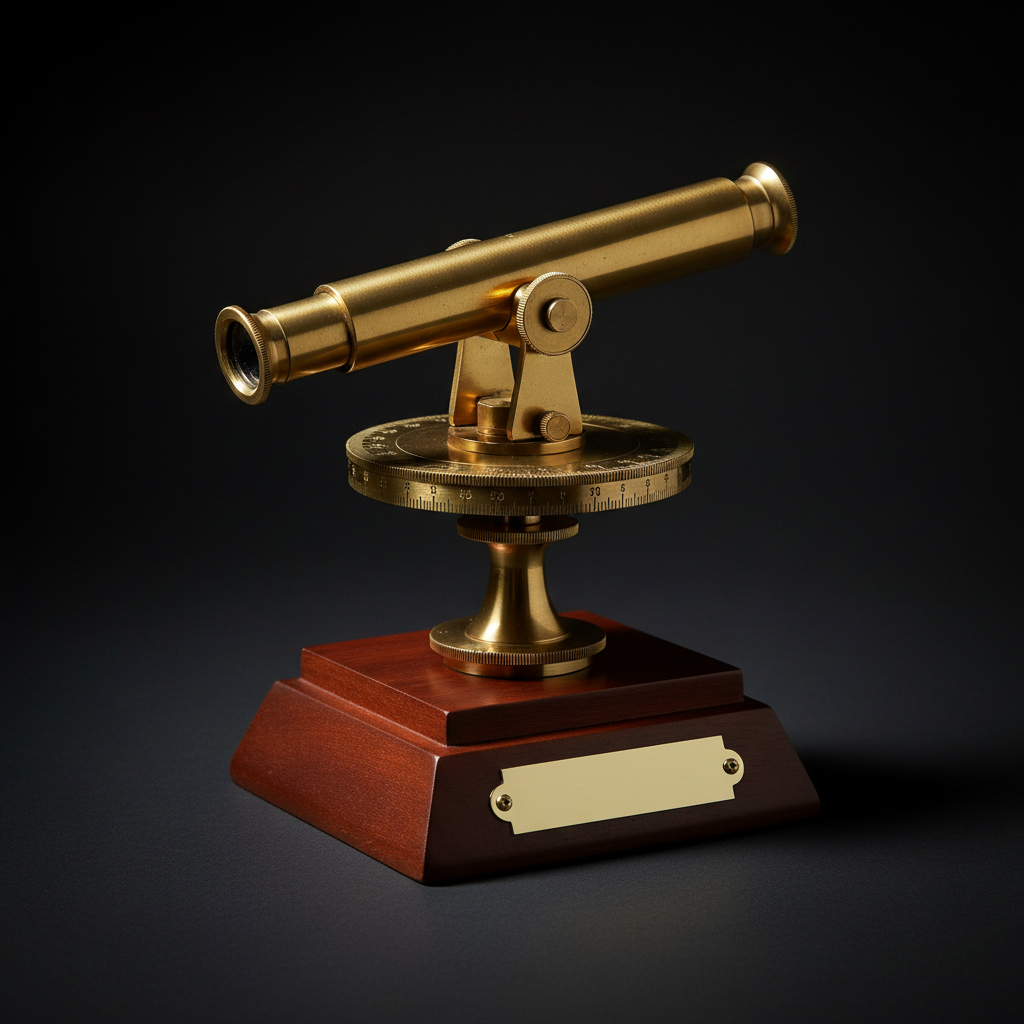 Solid brass theodolite desk replica on polished mahogany base, studio shot