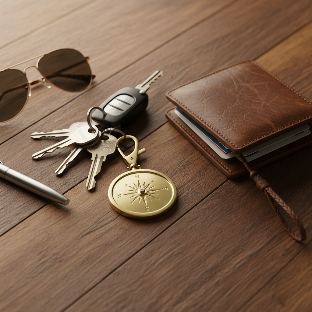 Brass compass keychain clipped to car keys and leather wallet on wooden surface