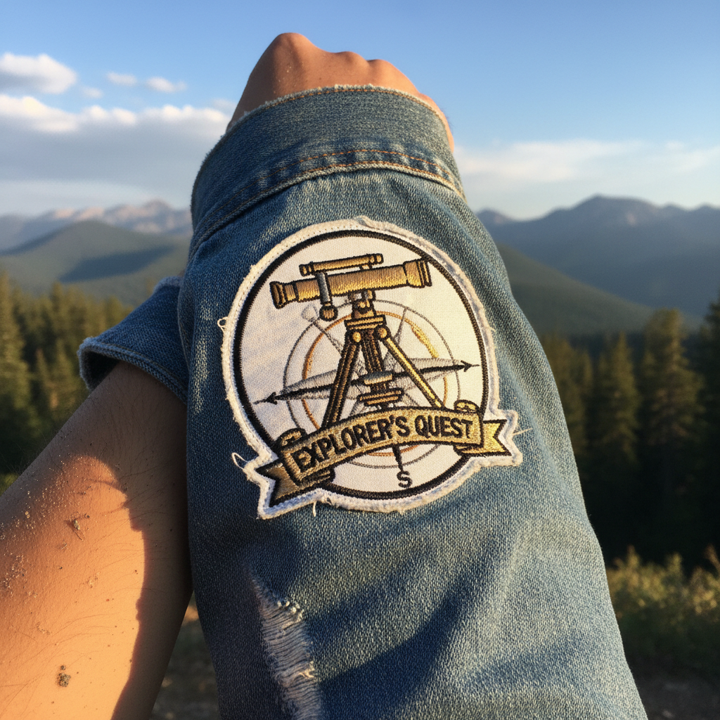Embroidered theodolite patch iron-on applied to denim jacket sleeve