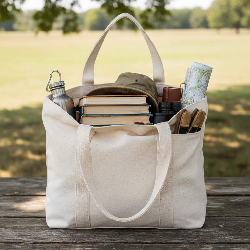 Canvas tote bag filled with books, water bottle and field gear showing reinforced handles