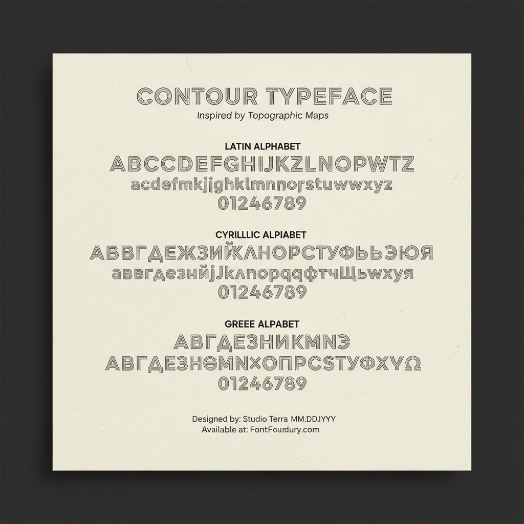 Full character specimen sheet showing alphabet and numerals in topographic font