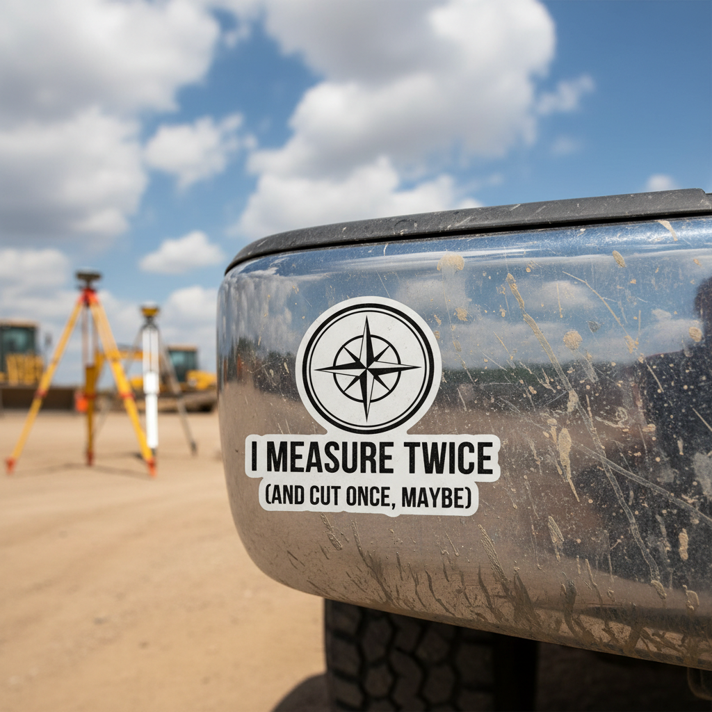 I Measure Twice surveyor vinyl sticker applied to truck bumper at job site