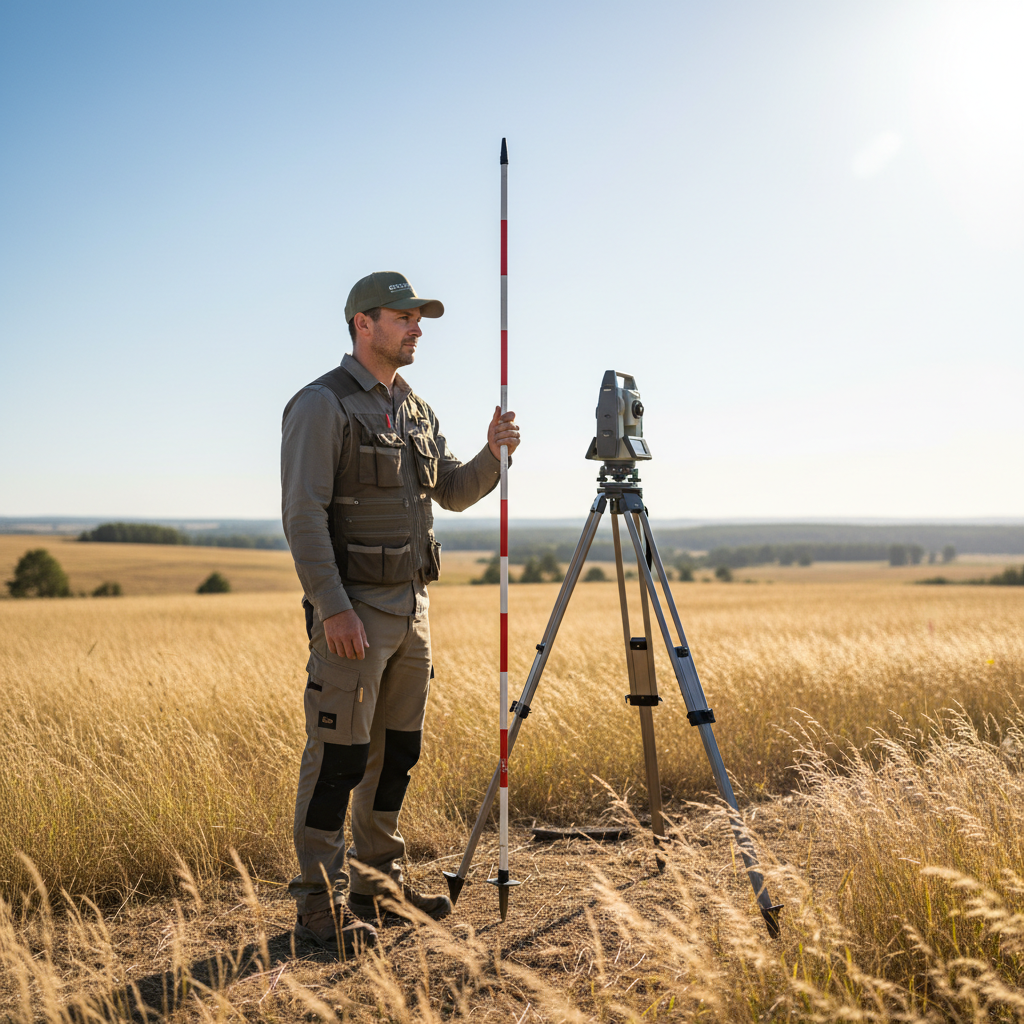 Land surveyor wearing olive snapback cap in the field beside survey equipment